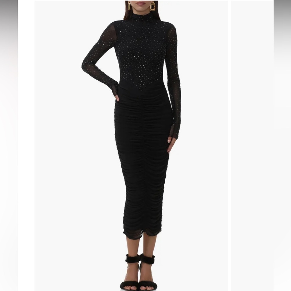 AFRM Black Long Sleeve Midi Dress with Sheer Rhinestone Bodice